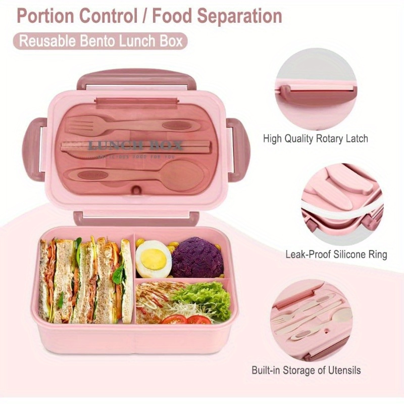 

1 Adult Lunch Box, 1200 Ml Adult Lunch Box, Leak-proof Lunch Box With Utensils, Pa Free, 3-compartment Lunch Box Microwave Safe, Pink