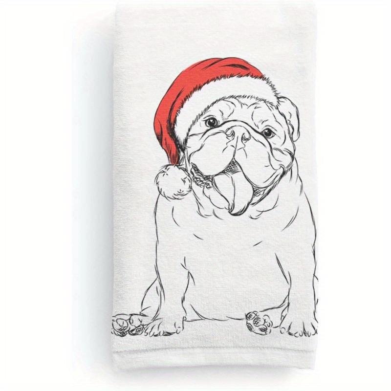 

English Bulldog Christmas Dish Towels, Set Of 1, Woven Polyester Blend, Super Soft, Contemporary Style, Fantasy Theme, Machine Washable, Oblong Kitchen Hand Towels, 18 X 26 Inches