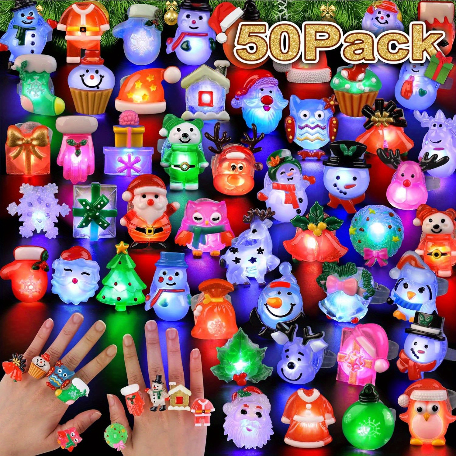 

50pcs Vibrant 3d Christmas Light-up Rings - Adjustable, Multi-style Finger Lights With Santa, & More - Ideal Stocking Stuffers & Party Favors For & Adults, Mixed Colors, Christmas Tree Lights