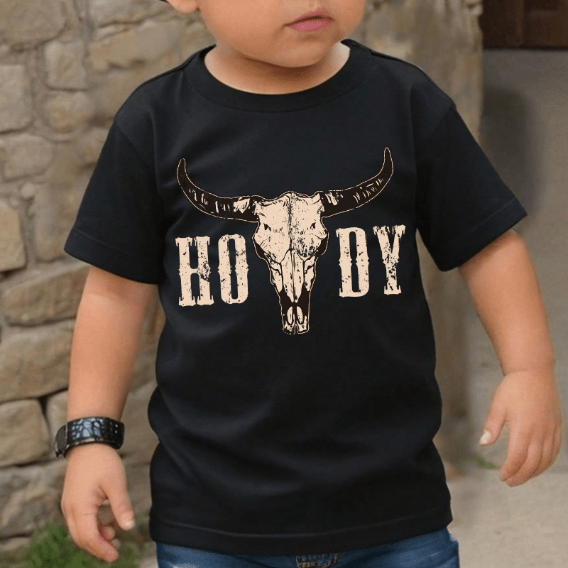 

Crow Boy & Cow Head Printed Round Neck T-shirt, Simple & Casual Western Style Outfit For Young Boys, Suitable For Summer