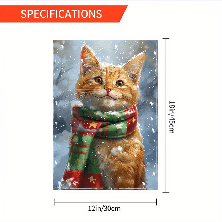 

1pc Polyester Christmas Garden Flag - Double-sided Winter Snowflake Orange Cat With Red And Green Scarf Decorative Flag For Lawn And Yard, 12x18 Inch, No Electricity Required