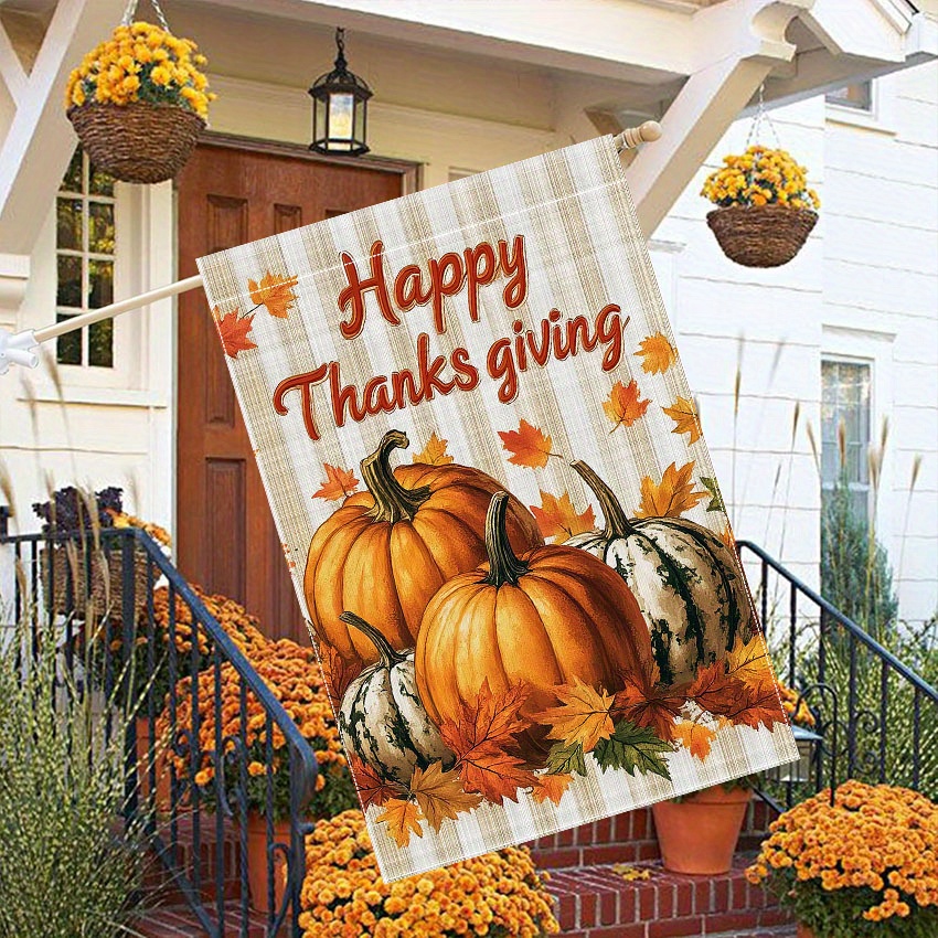 

1pc Thanksgiving Garden Flag, Double Sided 28 X 40 Inch, Polyester Harvest Pumpkin & Autumn Maple Leaves Decorative Flag For Thanksgiving Lawn & Porch Decoration, No Electricity Needed