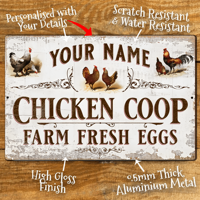 

1pc Personalized Metal Chicken Coop Sign With Custom Name, Eggs Tinplate Decor, Scratch & Water Resistant Aluminum Figurine Ornament For Christmas, With Clip Attachment - 8x12 Inch