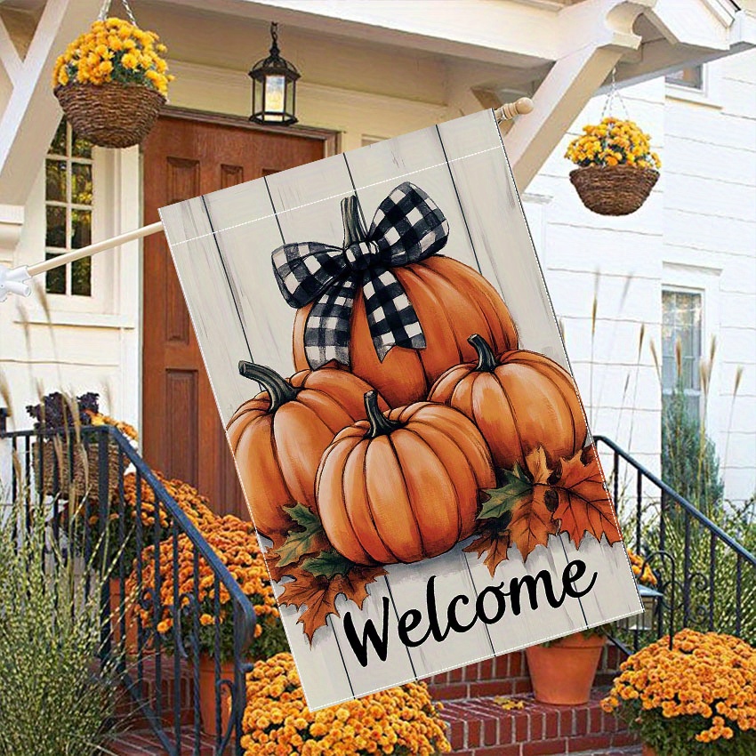 

1pc Welcome Autumn Thanksgiving Garden Flag - Polyester Double-sided Seasonal Flag With Bow-tied Pumpkins Design, Without Electricity, For Porch & Lawn Décor, 28 X 40 Inch