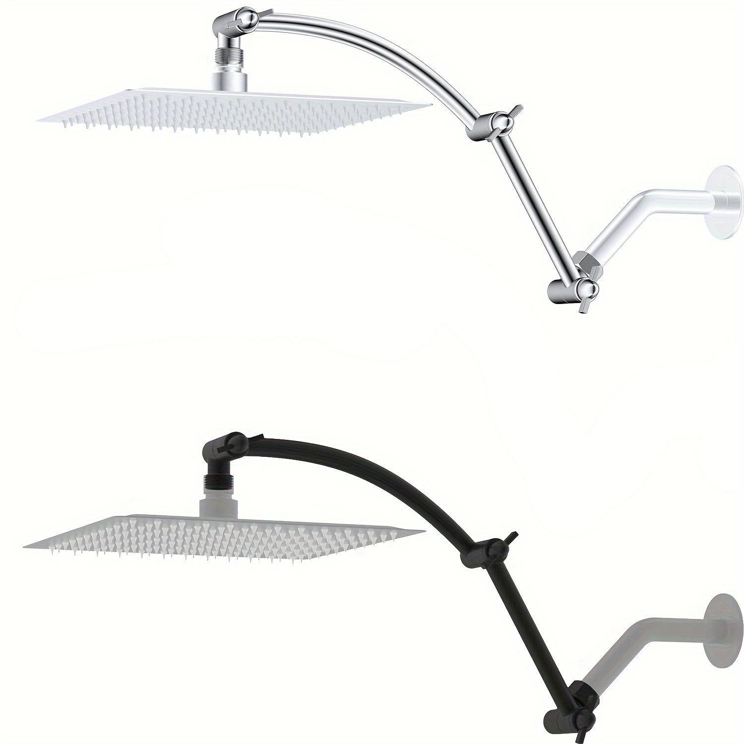 

1pcs 16 Inch All Metal Adjustable Shower Head Extension Arm Flexible Height & Angle Shower Arm With Lock Joints And Diverter Valve, Universal Connection Pipe Height Extending