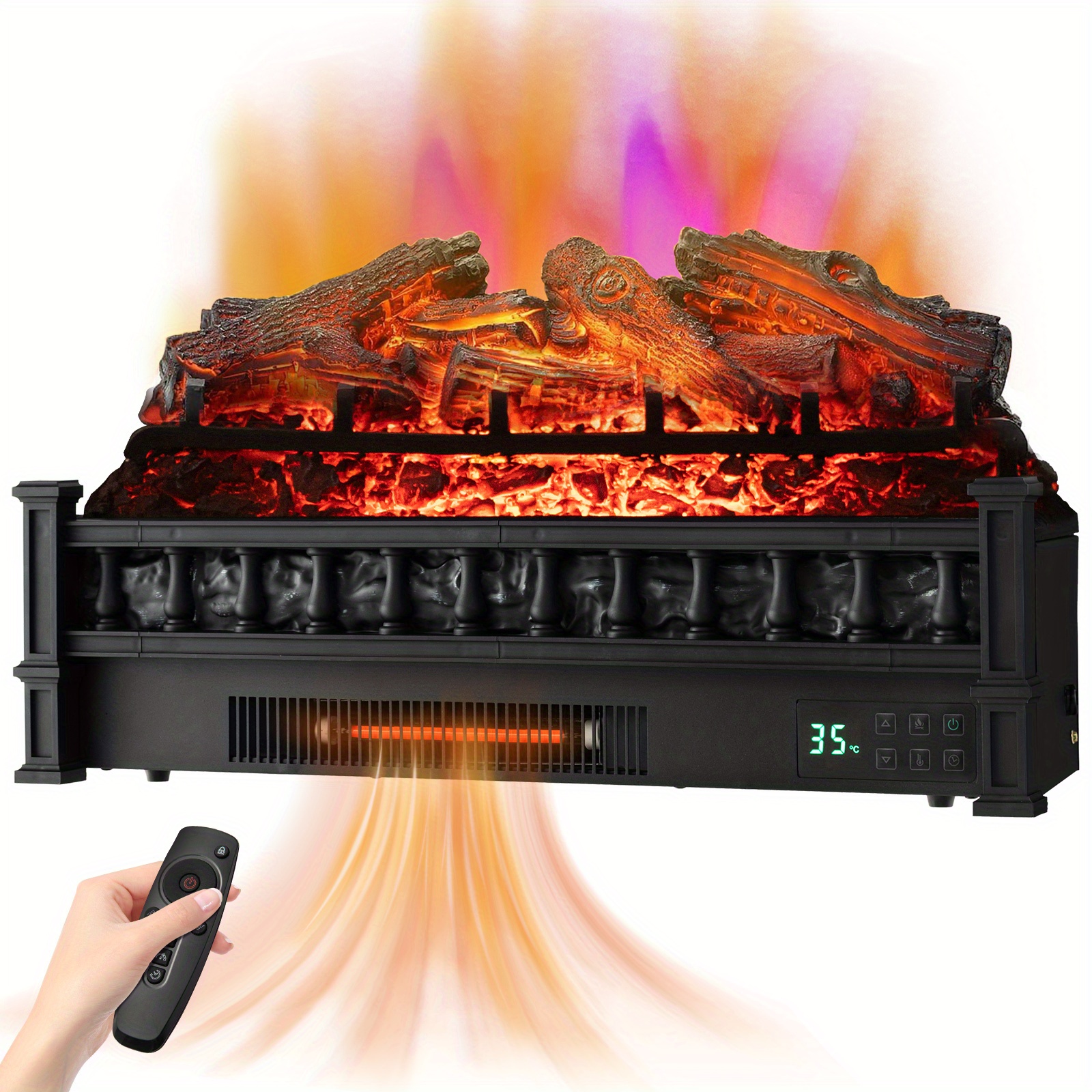 TEMU 26 Inch Electric Fireplace Heater, Fireplace Logs Inserts Infrared Quartz Heater With Remote Control, 5 Flame & , 8h Timer, Realistic Bed