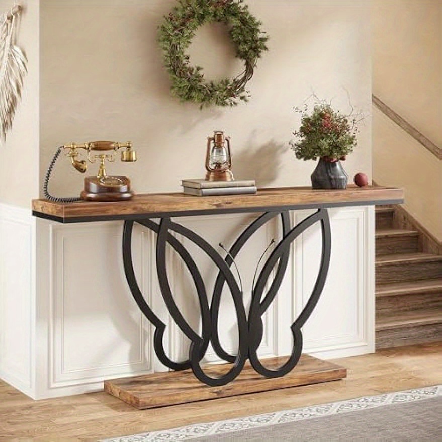 55-inch Narrow Sofa Table With Metal Frame, Long Wooden Console Table Rustic Entryway Table For Hallway Entrance Living Room