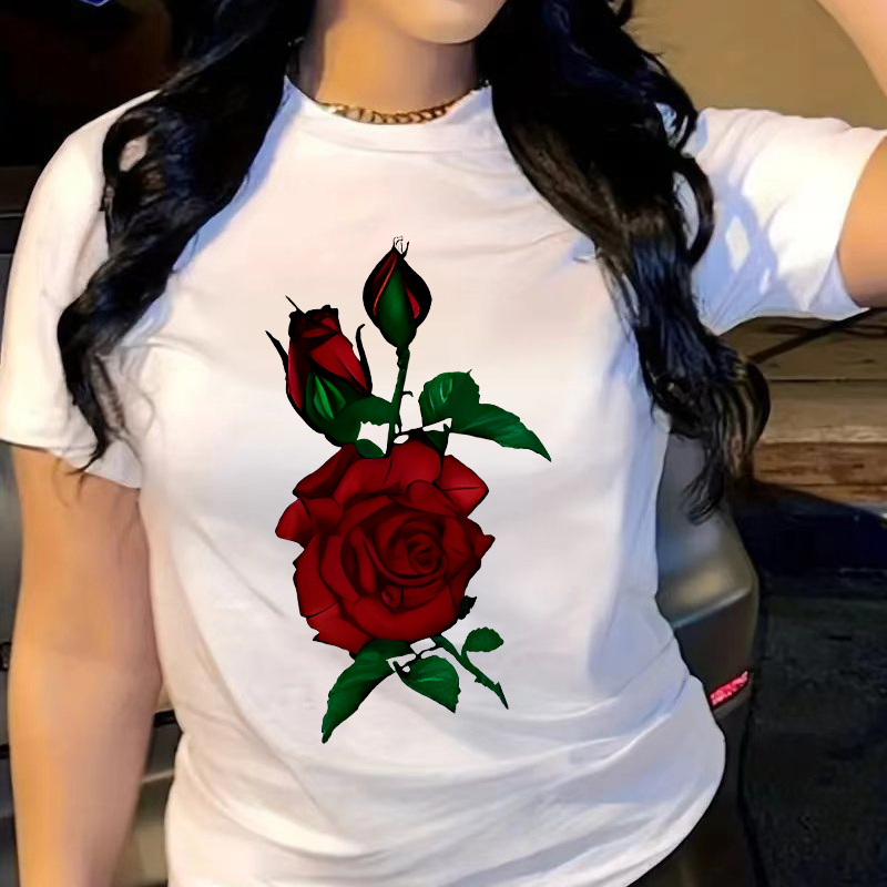 

Rose Print Women's Casual Comfortable Crew Neck T-shirt With Double Shoulder Seams