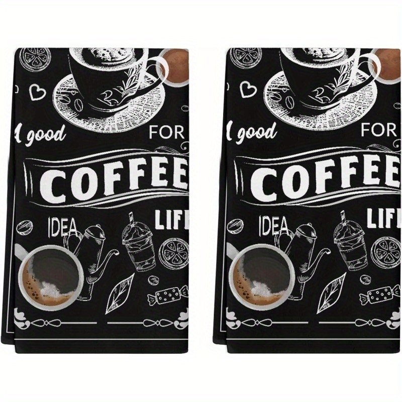 

2pcs Coffee Kitchen Towels - Soft Polyester , Black With Coffee Quotes & Latte Art, Ideal For Dish/tea/bar Towels, 18x26 Inches, Dish Towels For Kitchen