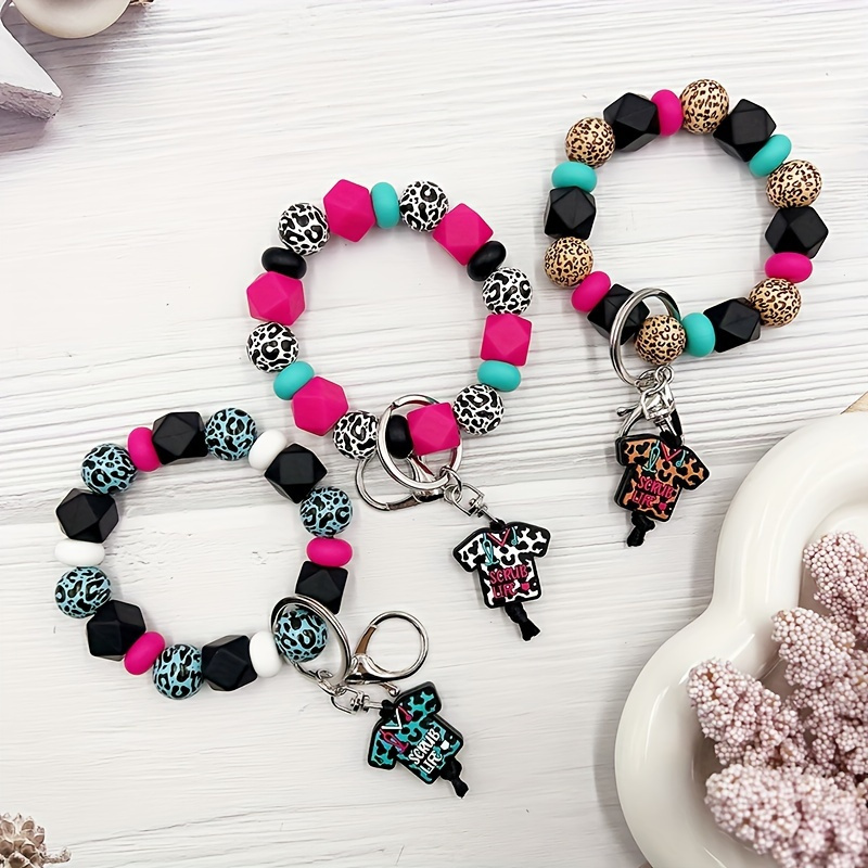 

1 Piece Of Leopard Print Silicone Wood Bead Wristband, Keychain With Frosted Bag, Pendant Phone Strap, Mother's Doctor Gift