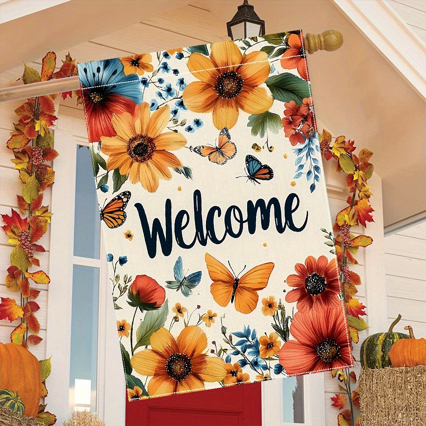 

1pc Welcome Garden Flag - Thanksgiving Autumn Floral And Butterfly Design, Double-sided Decorative Polyester Yard Flag, No Electricity Needed, Lawn And Porch Decor, 28x40 Inches - Flag Only