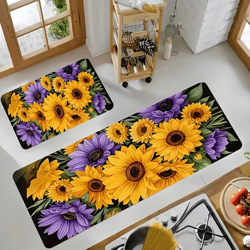 

Chic Vintage Purple & Sunflower Kitchen Mat - Waterproof, Soft Memory Foam Rug For Kitchen, Bathroom, Or Laundry Room - Machine Washable