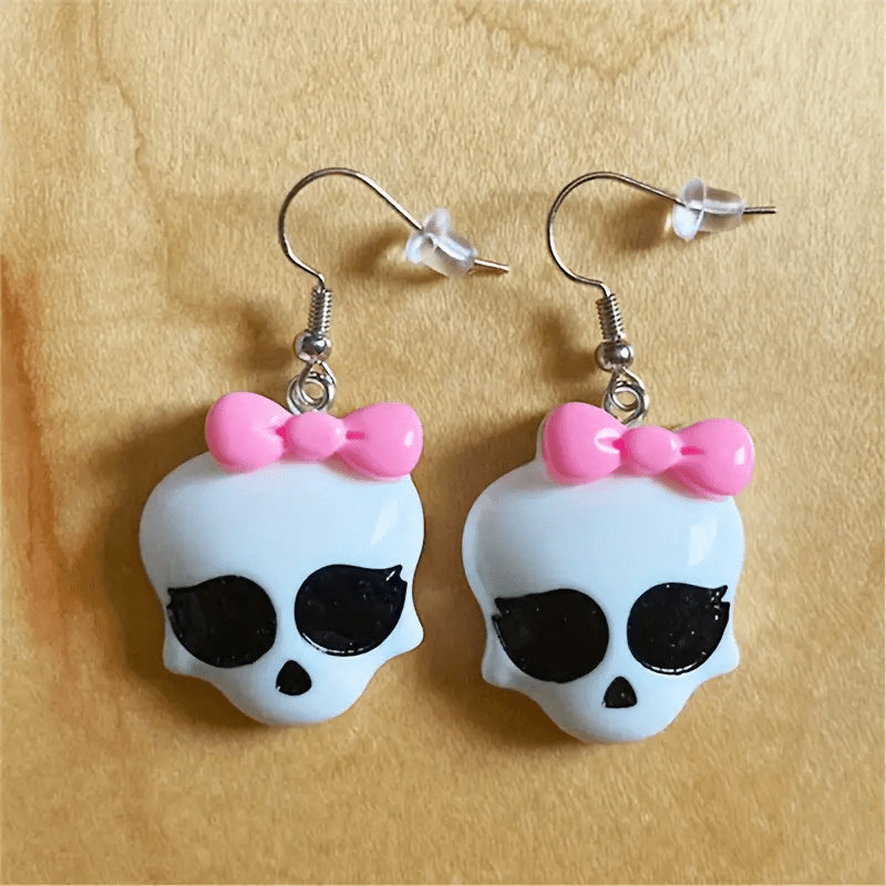 TEMU Cute Skull Resin Dangle Earrings With Pink Bow, No Plating, Copper Ear Needle, Perfect For Daily Wear And Festivities