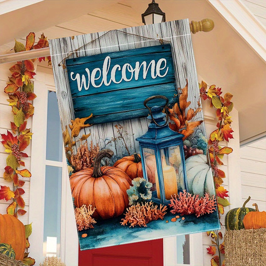 

Welcome Thanksgiving Garden Flag - Nautical Pumpkin & Lantern Design, Double-sided Outdoor Decor For Lawn And Courtyard, Durable Polyester, 28x40 Inches