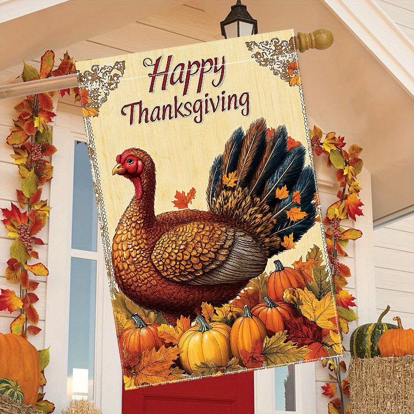 

Festive Thanksgiving Garden Flag: 28in X 40in Double-sided Outdoor Decoration With Turkey And Pumpkins