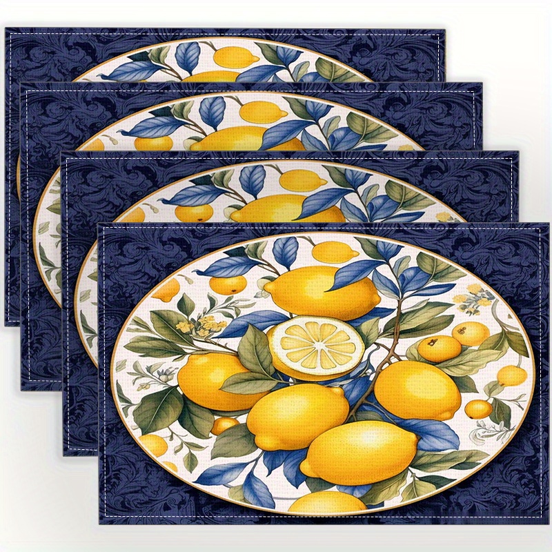 

4pcs Lemon Printed Rectangular Linen Placemats Washable, Non-slip, Heat-resistant, Suitable For Dining Table, Coffee Table And Home Decoration, Family And Kitchen Dining Parties