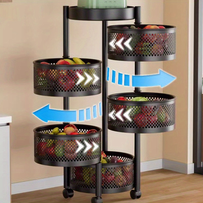 Rotating Kitchen Storage Rack Floor Standing Vegetable Fruit Organizer,  Metal Mesh Basket with 360-Degree Wheels, No Installation