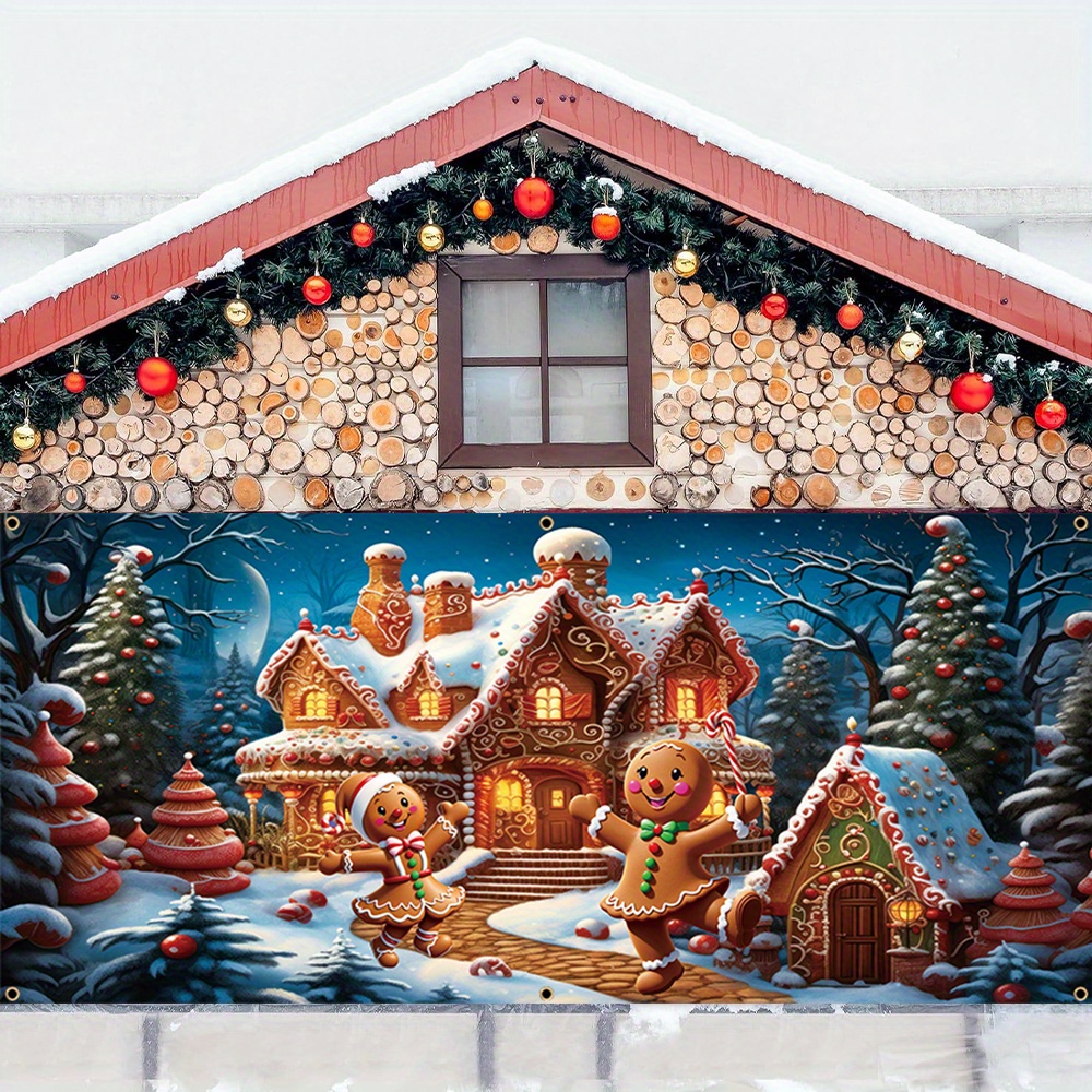 

Large Christmas Garage Door Banner - Durable Polyester With Gingerbread, Snow Scene & Design - Perfect For Outdoor Holiday Decorations