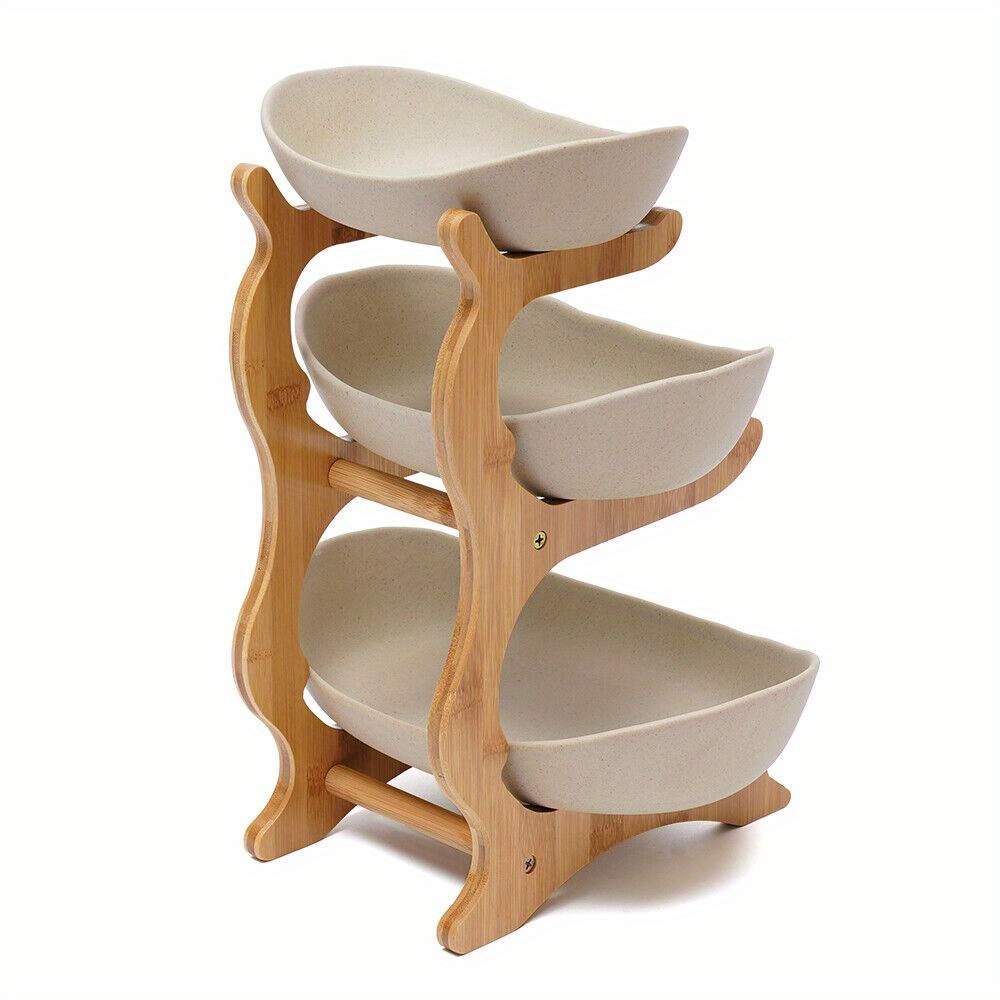 Bol à Fruits 2 étages Céramique Et Bambou - Design élégant, Facile à Nettoyer