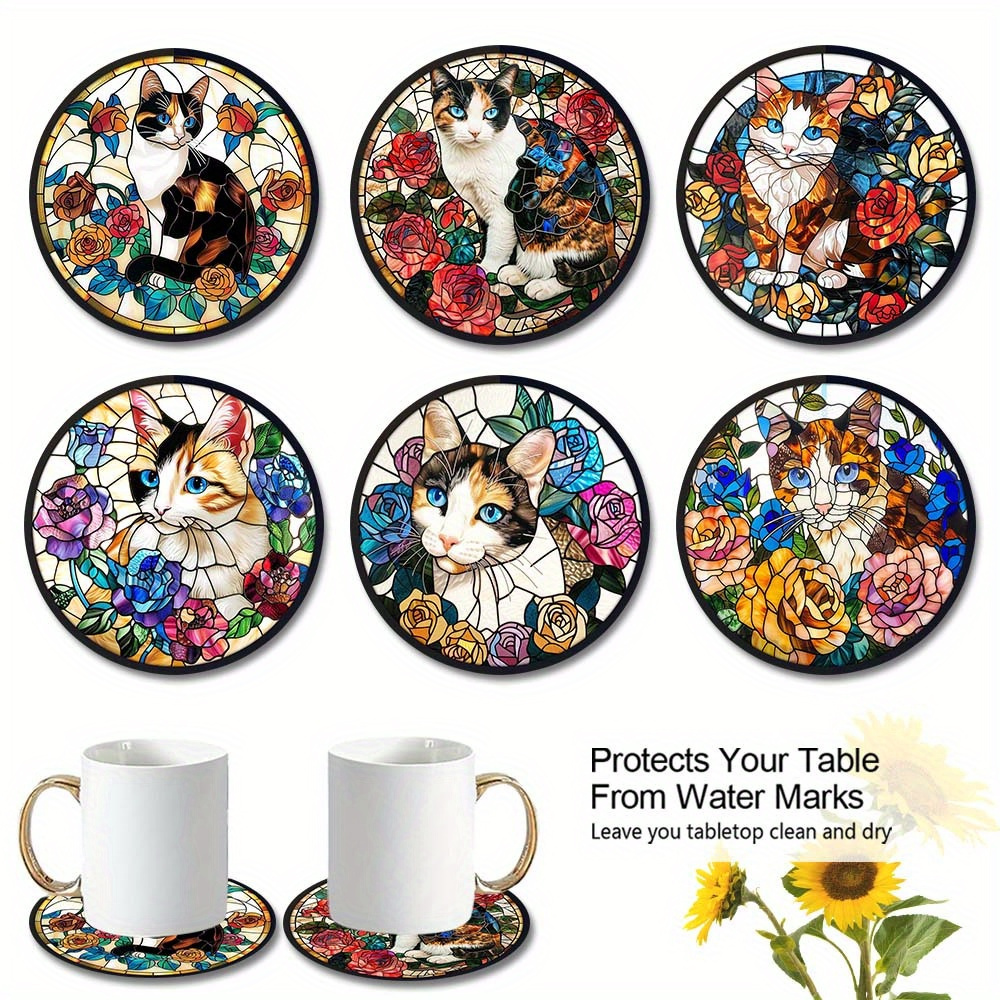 

Set Of 6 Stained Cat Coasters With Cork Base, Floral Kittens Decorative Drink Mats - Water-resistant, Non-electric Art Wood Coaster Set For Table Protection (3.8 Inch)