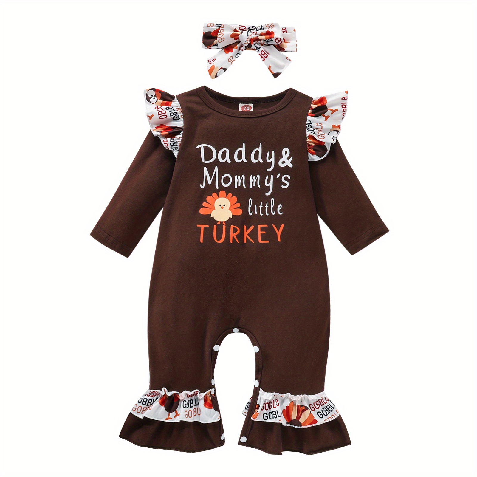 

2 Pcs Newborn Thanksgiving Day Outfits, Infant Turkey Letter Print Fly Sleeve Round Neck Jumpsuit + Bowknot Headband