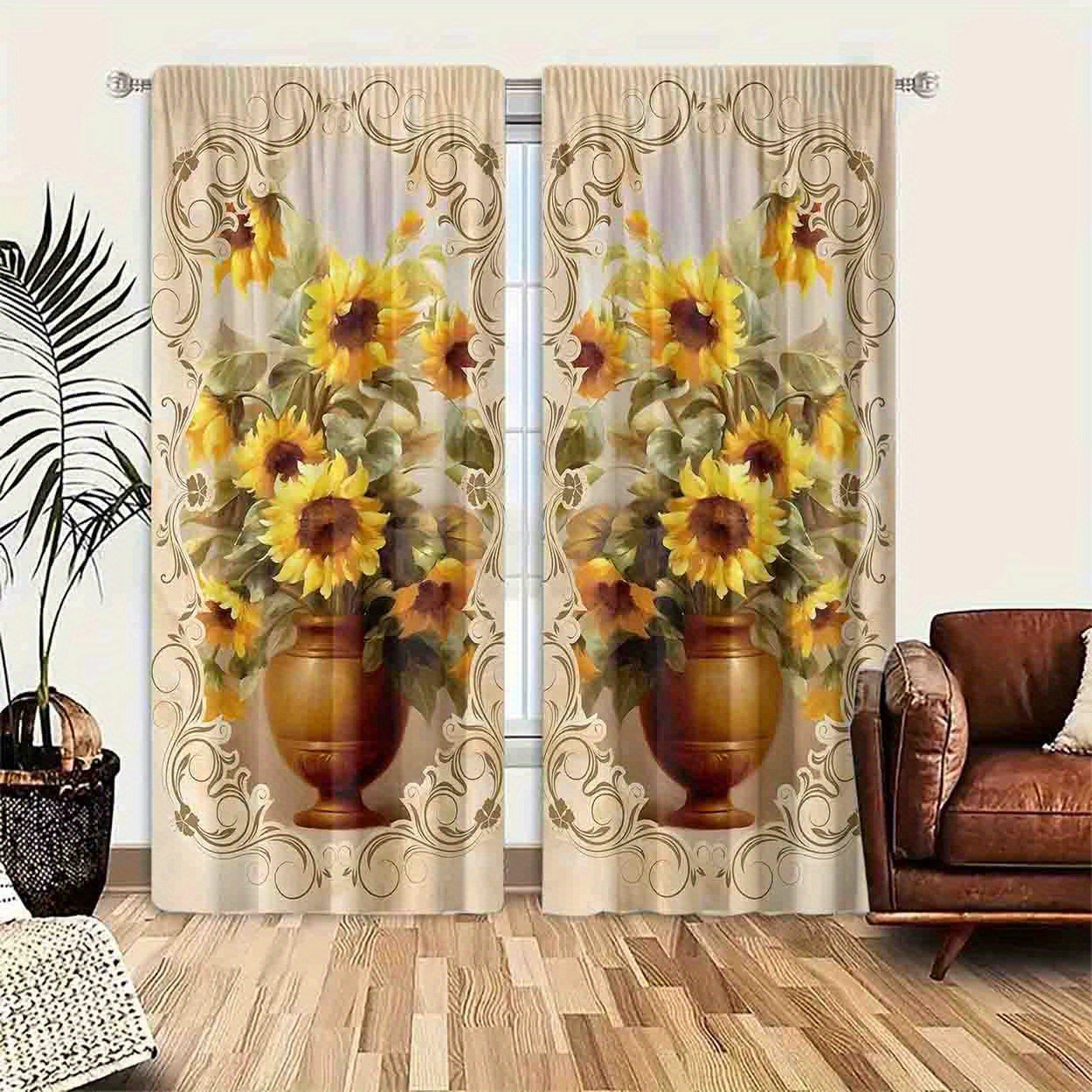 

2pcs, Polyester Material, Hd Flower Vase Print, Light Filtering Curtain, Suitable For Bedroom, Living Room, Office And Home Decoration, Pole , Suitable For Pole