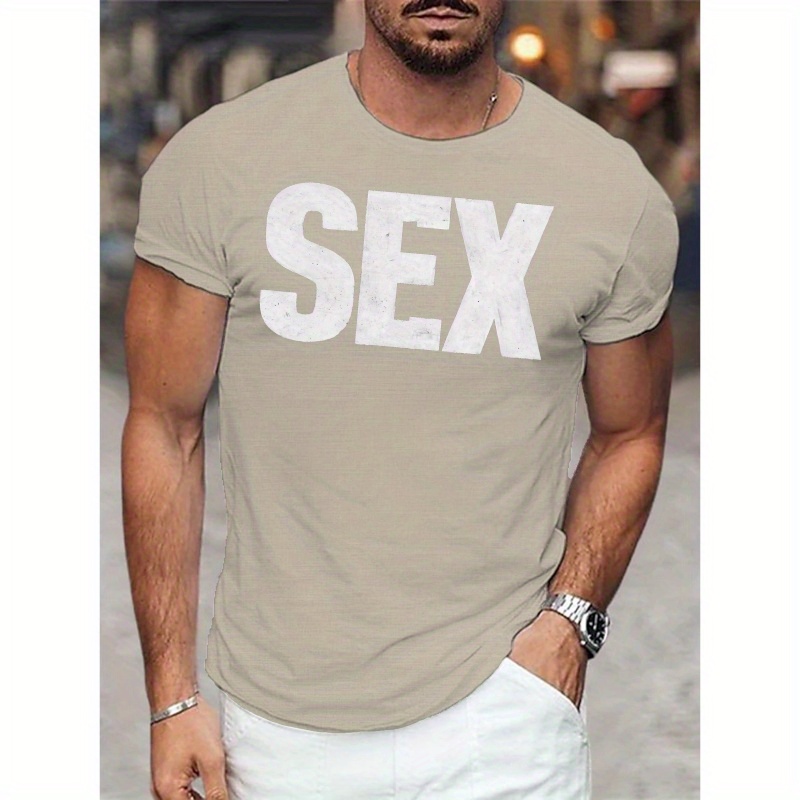 

Letters Print Tee Shirt, Men's Round Neck Short Sleeve T-shirt, , Comfy Summer Top For