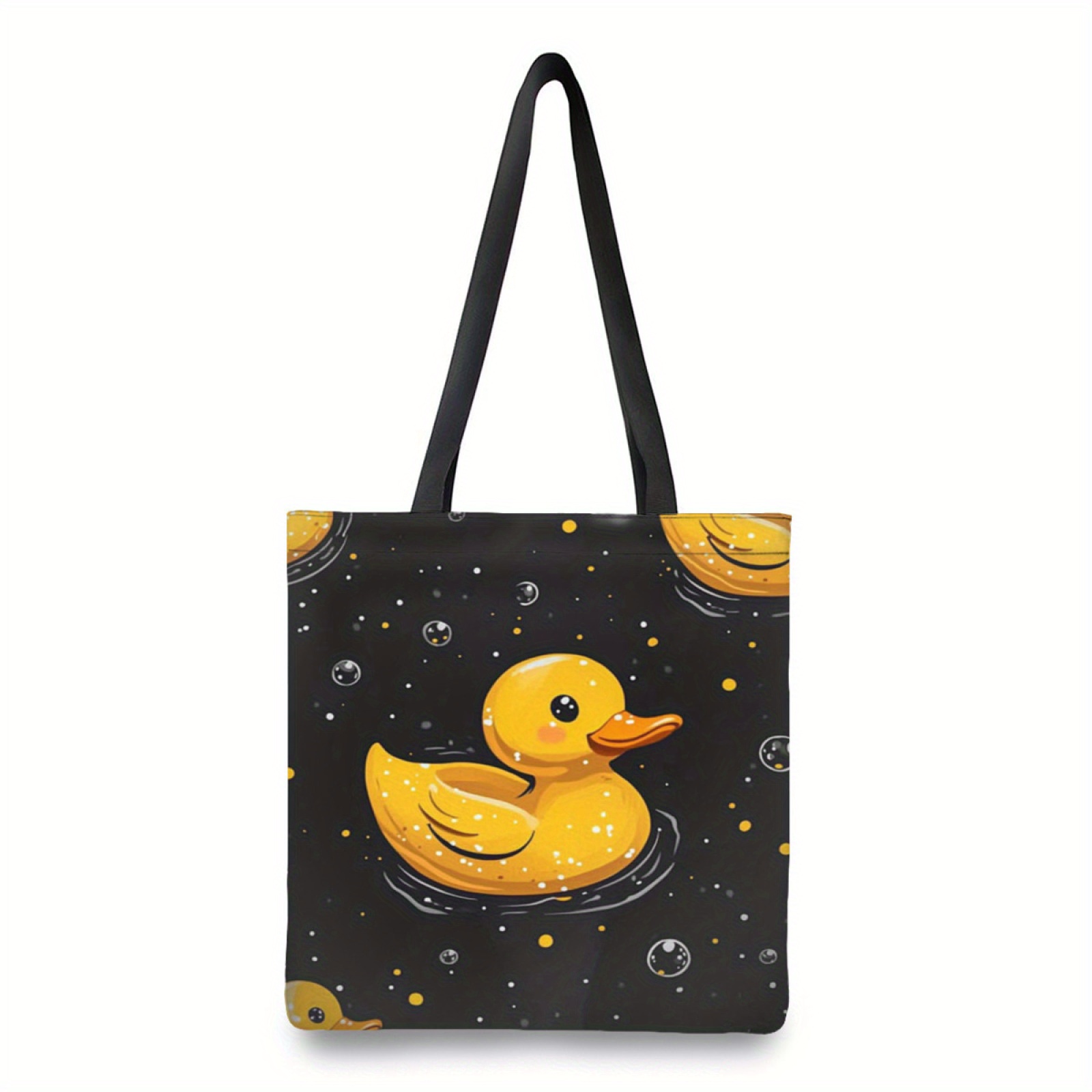 Image of 1pc Adorable Yellow Duck Pattern Tote Bag - High-quality Reusable Shopping Bag With Black Handles, Durable Polyester Material, Perfect For Travel, Beach, School, And Everyday Use