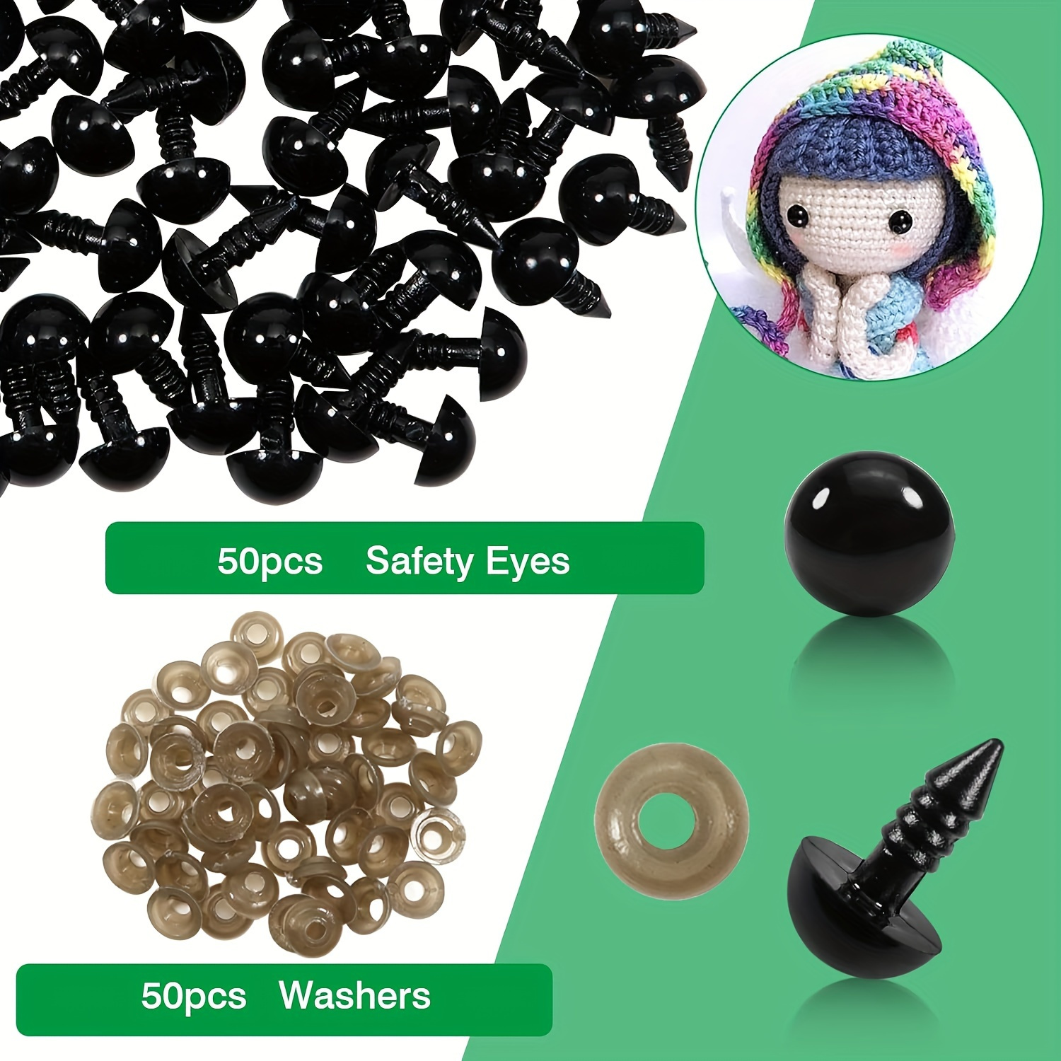 

Ensemble de pièces d'yeux de sécurité pour poupée de 10mm : 50 pièces d'yeux en plastique noir de sécurité + 50 pièces de rondelles - pour la fabrication de poupées molles et les loisirs créatifs DIY