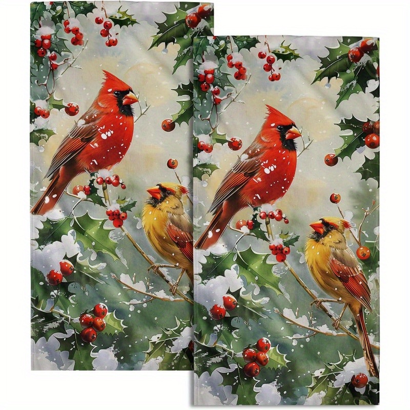 

Christmas Hand Towels Set Of 2, Woven Polyester Blend, Super Soft Contemporary Kitchen Dish Cloths, Fantasy Winter Bird Theme, Oblong Tea Towel For Baking, Holiday Home Décor, Machine Washable