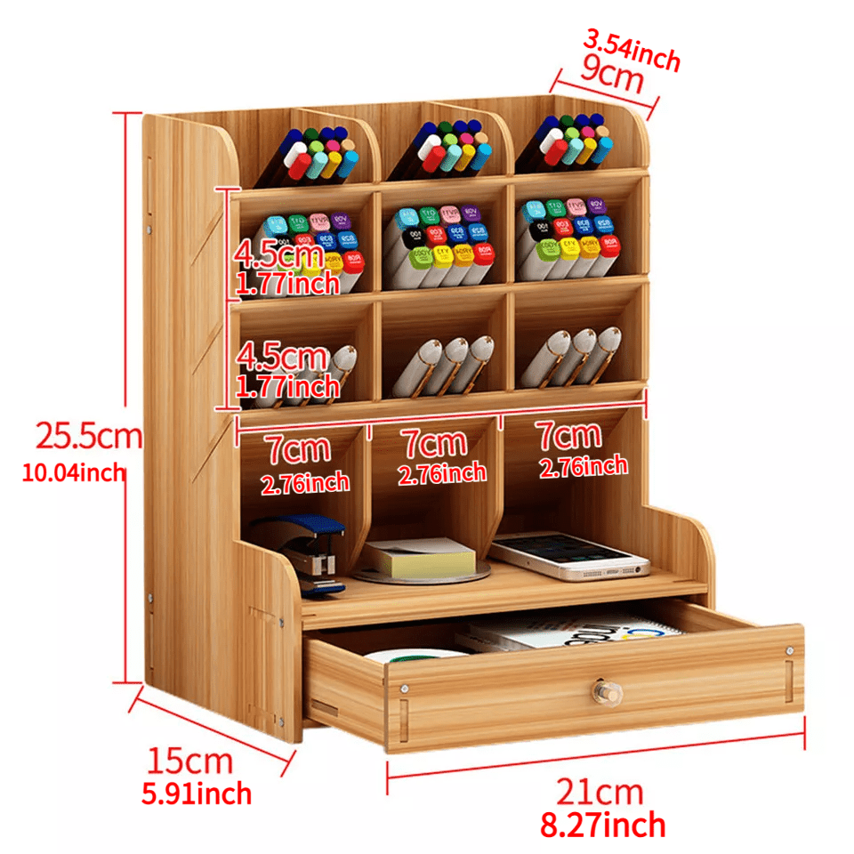 TEMU 1pc Wooden Office Desk Pen Pencil Holder Storage Organizer Tidy Shelf W/ Drawer