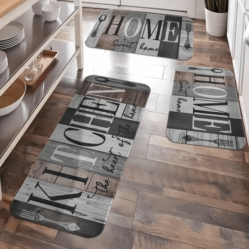 

2/3pcs Stain-resistant Kitchen Mat Set - Machine Washable, Non-slip & Absorbent Memory Foam Runner Rugs With Waterproof Soft Flannel Carpets For Sink, Laundry & Bathroom - Letter & Tableware Design