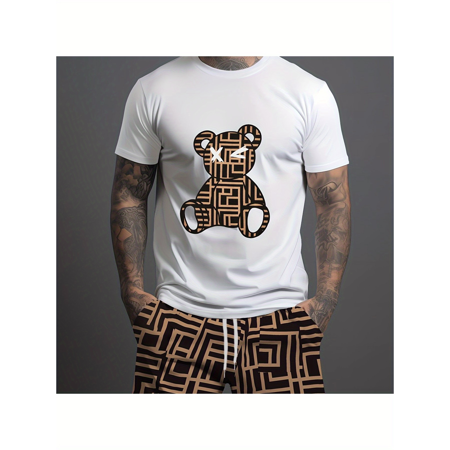 

Men's Bear And Square Pattern Graphic Printed T-shirt Summer