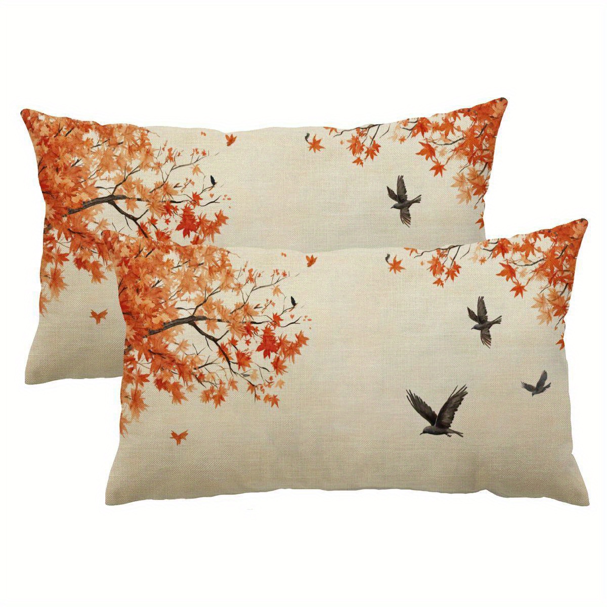 

2pcs Set Thanksgiving Throw Pillow Covers - 12x20 Inch Linen, Fall Birds & Maple Design For Home And Room Decor, Thanksgiving