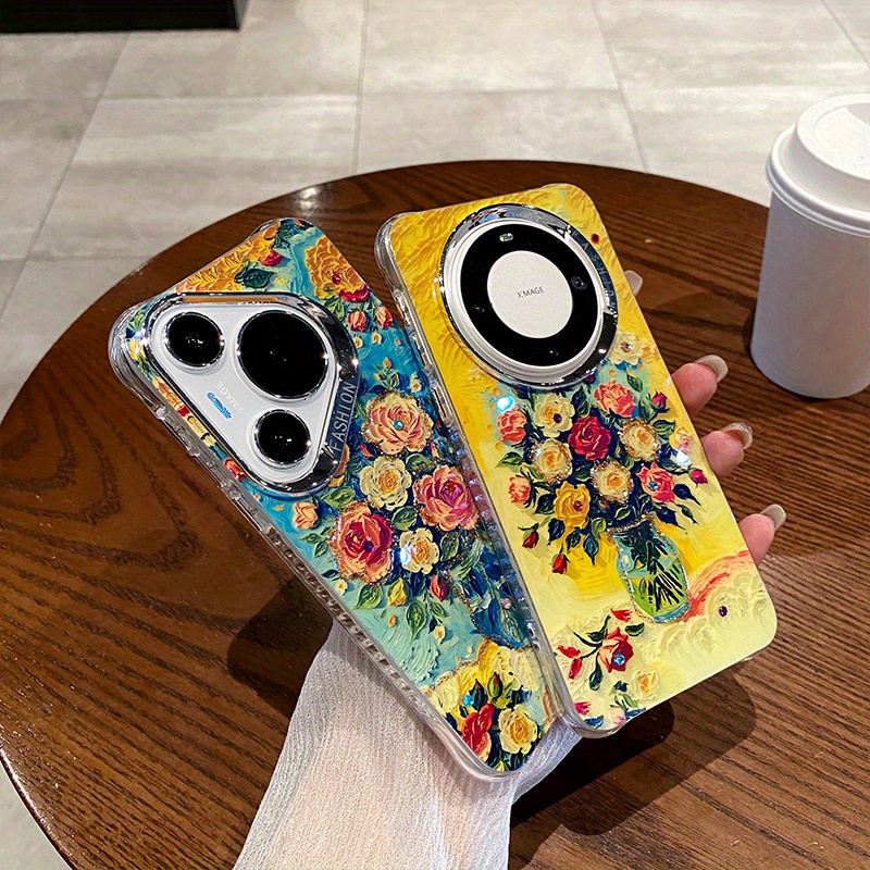 FOR HUAWEI Blue Light Drip Glue Dot Diamond Suitable for HUAWEI Mate60Pro+ Mobile Phone Case Mate60Pro Rose Vase Metal Lens Non-Slip Frame Simple Art_voghion.com