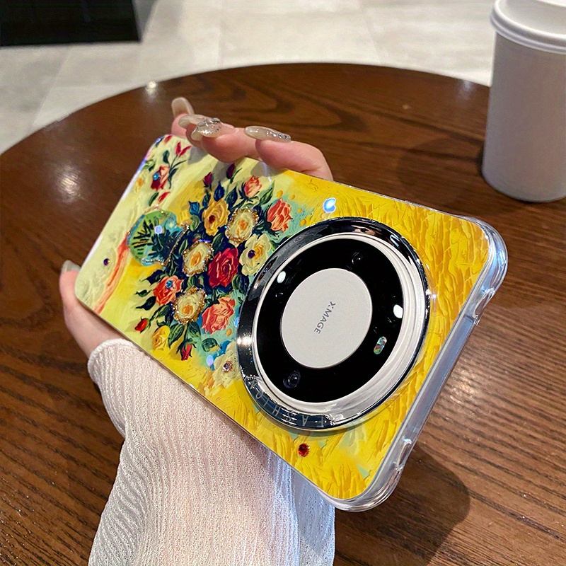 FOR HUAWEI Blue Light Drip Glue Dot Diamond Suitable for HUAWEI Mate60Pro+ Mobile Phone Case Mate60Pro Rose Vase Metal Lens Non-Slip Frame Simple Art_voghion.com