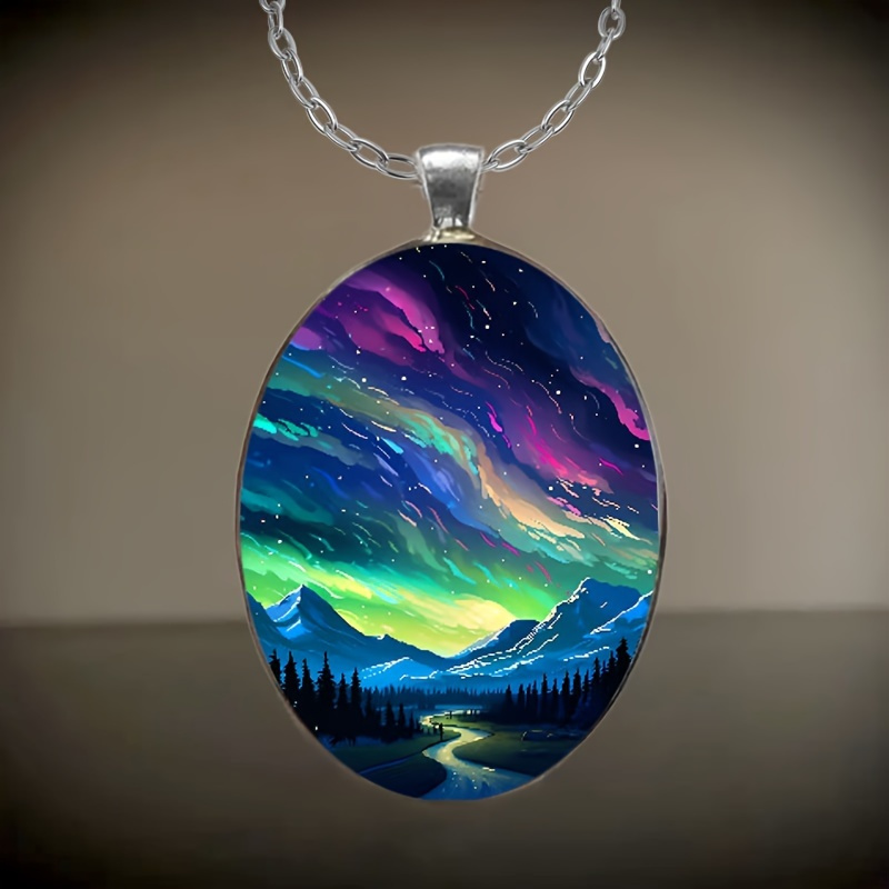 

1 Piece Stylish And Elegant Aurora Landscape Pattern Oval Alloy Glass Pendant Chain Necklace Christmas/ Thanksgiving Gift...