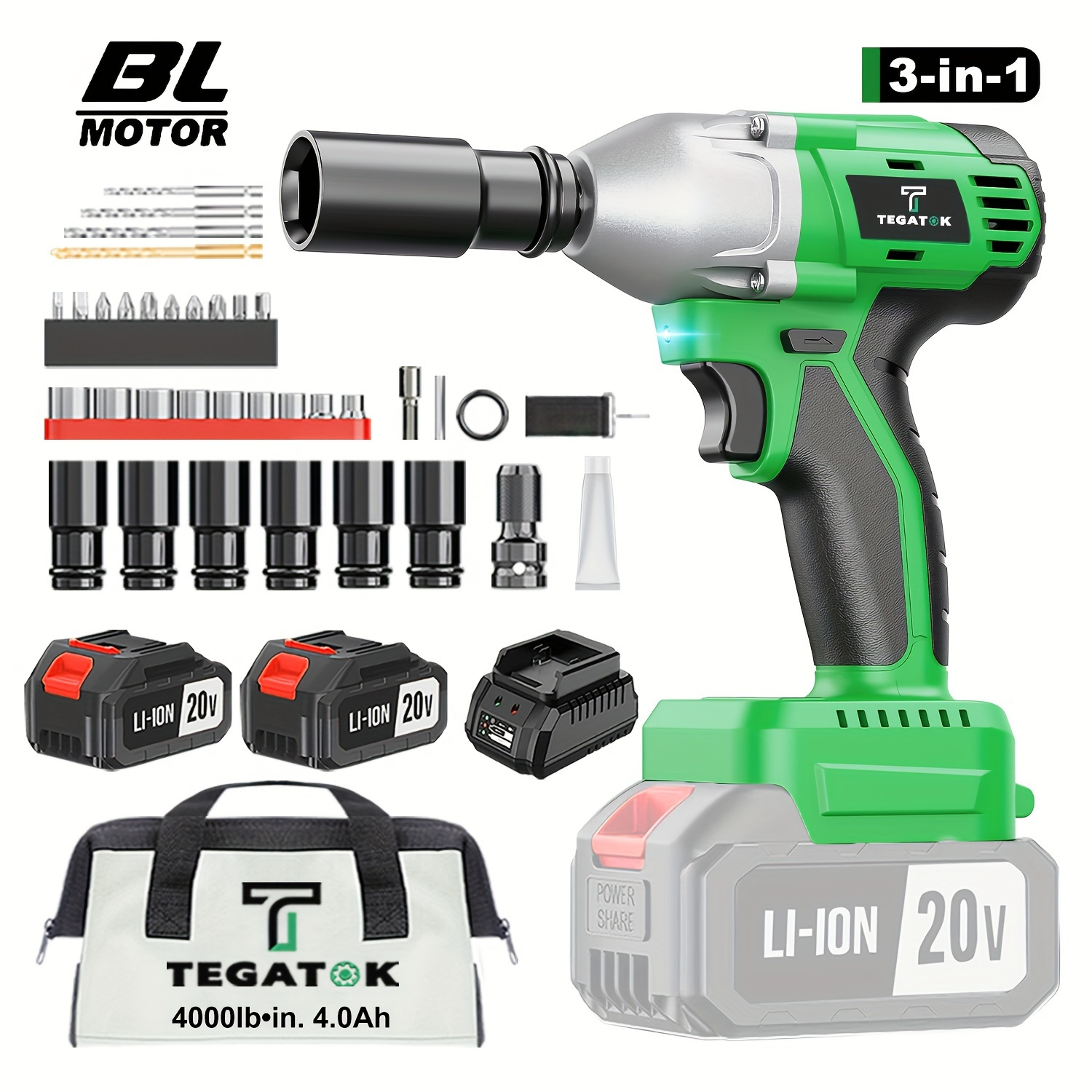 

Tegatok 20v Cordless Impact Wrench Kit - 4000in-lbs, 2400 Rpm Brushless Motor, , Led Lights, , 1/2-inch Drive, 4.0ah Batteries, Fast Charger, For Diy, Car Tires, Ebike & Garden Maintenance