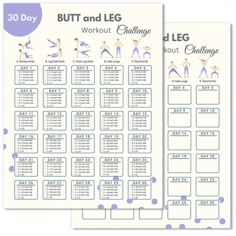 

30-day Butt And Leg Poster Set Of 2 - Paper Fitness Planner For Glute And Thigh Toning, 8x10 Inch Exercise Schedule For Home Gym