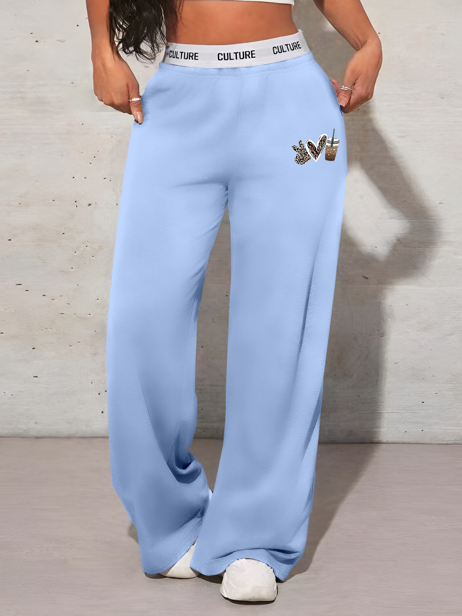 Women's High Waisted Wide Leg Pants Polyester Knit Fabric With Alphabet Print Tape Casual Loose Fit Trousers For Fall winter