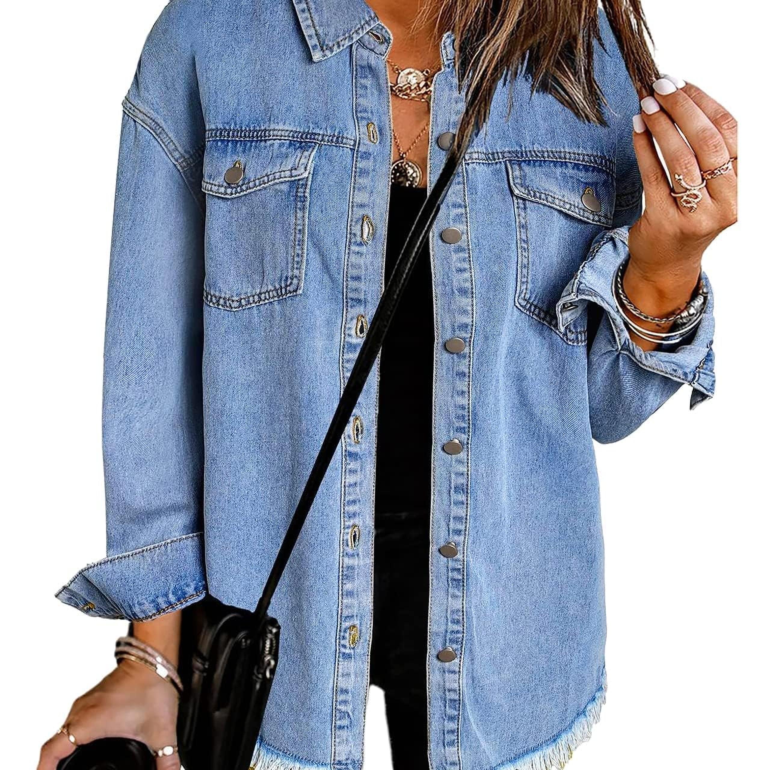 

Elesol 2024 Jean Jackets For Women Ripped Stretchy Blue Denim Jean Jacket Casual Long Sleeve Pockets Oversized Jackets Coat