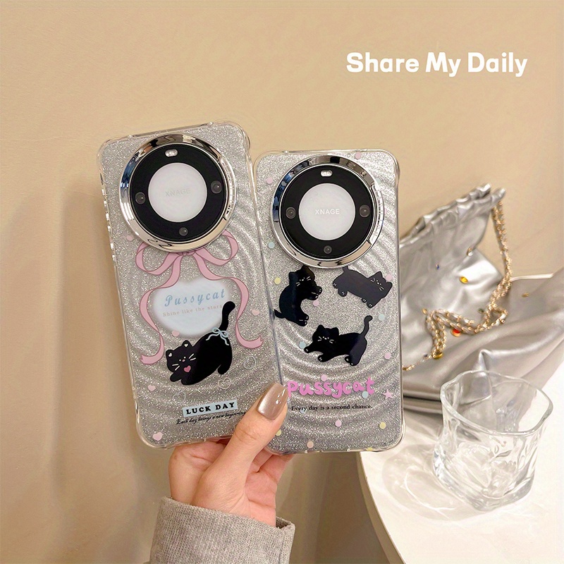 HUAWEI multfilmas mīlīgs mirdzošs melns kaķis, kas piemērots HUAWEI mate60pro+ mobilā tālruņa maciņam, mate60 jauns nišas universāls aizsargmaciņš_voghion.com