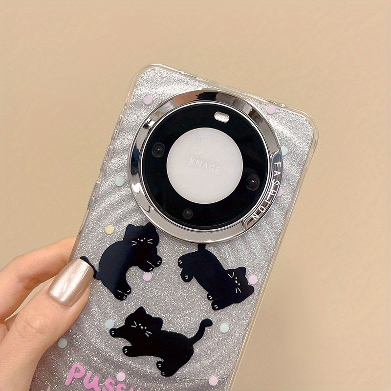 HUAWEI multfilmas mīlīgs mirdzošs melns kaķis, kas piemērots HUAWEI mate60pro+ mobilā tālruņa maciņam, mate60 jauns nišas universāls aizsargmaciņš_voghion.com