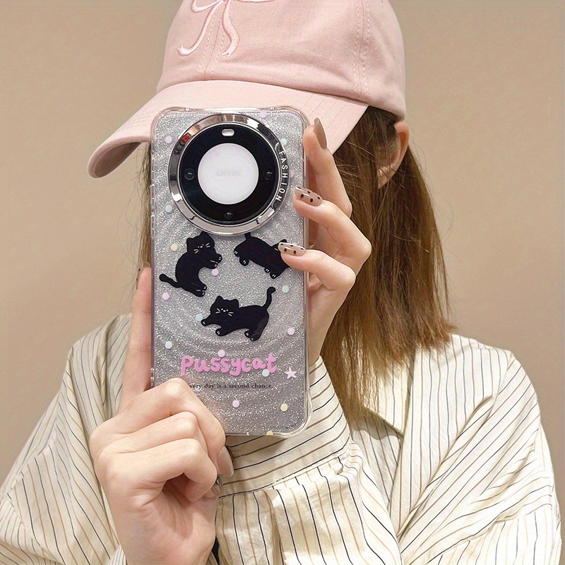 HUAWEI multfilmas mīlīgs mirdzošs melns kaķis, kas piemērots HUAWEI mate60pro+ mobilā tālruņa maciņam, mate60 jauns nišas universāls aizsargmaciņš_voghion.com