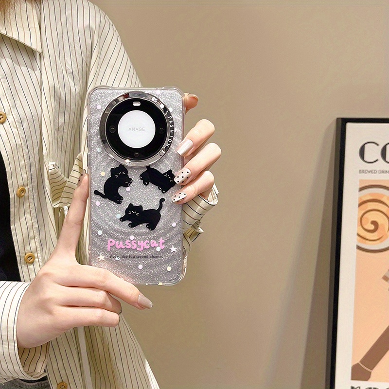 HUAWEI multfilmas mīlīgs mirdzošs melns kaķis, kas piemērots HUAWEI mate60pro+ mobilā tālruņa maciņam, mate60 jauns nišas universāls aizsargmaciņš_voghion.com