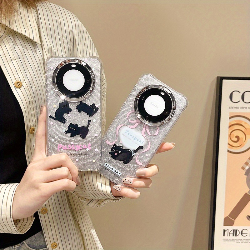 HUAWEI multfilmas mīlīgs mirdzošs melns kaķis, kas piemērots HUAWEI mate60pro+ mobilā tālruņa maciņam, mate60 jauns nišas universāls aizsargmaciņš_voghion.com