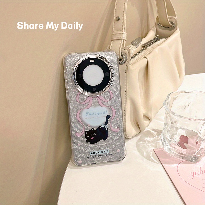 HUAWEI multfilmas mīlīgs mirdzošs melns kaķis, kas piemērots HUAWEI mate60pro+ mobilā tālruņa maciņam, mate60 jauns nišas universāls aizsargmaciņš_voghion.com