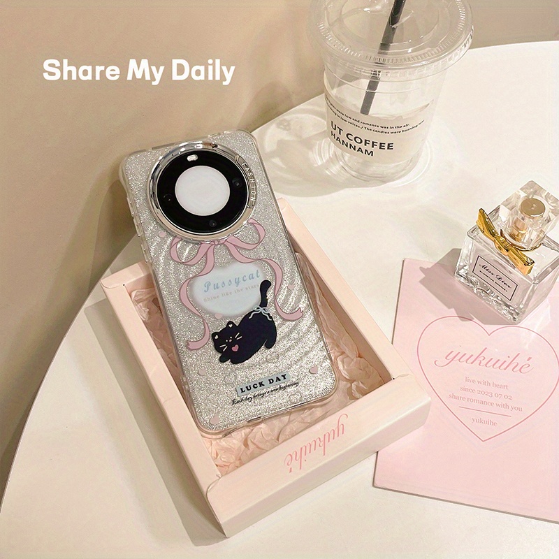 HUAWEI multfilmas mīlīgs mirdzošs melns kaķis, kas piemērots HUAWEI mate60pro+ mobilā tālruņa maciņam, mate60 jauns nišas universāls aizsargmaciņš_voghion.com