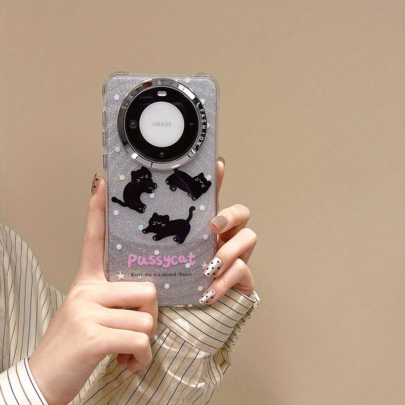 HUAWEI multfilmas mīlīgs mirdzošs melns kaķis, kas piemērots HUAWEI mate60pro+ mobilā tālruņa maciņam, mate60 jauns nišas universāls aizsargmaciņš_voghion.com