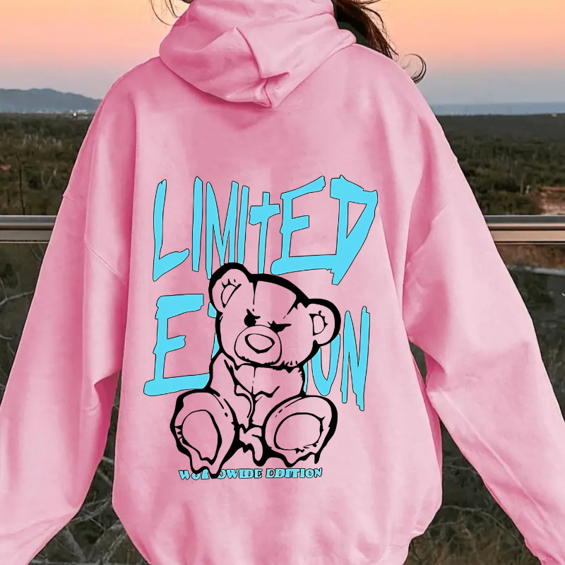 

Limited Edition Casual Hoodie With Drawstring Kangaroo Pocket And Fleece Lining - 100% Polyester Knit Fabric, Geometric Teddy Bear Design, Hooded Fall/winter Sweatshirt For Women